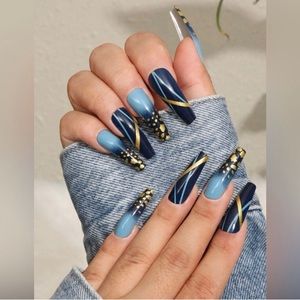 Sexy Navy & Gold Long Press On Nails